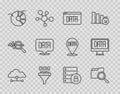 Set line Network cloud connection, Search with folder, Data analysis, Binary code, Pie chart infographic, Server Royalty Free Stock Photo