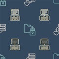 Set line Network cloud connection, Server, Data, Web Hosting and Folder and lock on seamless pattern. Vector Royalty Free Stock Photo