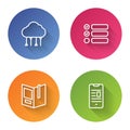 Set line Network cloud connection, Task list, Open book and Online mobile. Color circle button. Vector Royalty Free Stock Photo