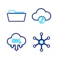 Set line Network, Methane emissions reduction, Music streaming service and Folder icon. Vector