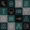 Set line Neural network, Algorithm, Funnel filter, Computer monitor, Photo retouching and Binary code icon. Vector Royalty Free Stock Photo