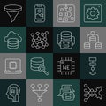 Set line Neural network, Algorithm, Server, Data, Cloud database, Funnel filter and Artificial intelligence robot icon Royalty Free Stock Photo