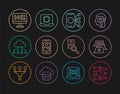 Set line Neural network, Chat bot, Mobile phone, Network cloud connection, Algorithm, Photo retouching and Processor CPU Royalty Free Stock Photo