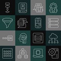 Set line Neural network, Network cloud connection, Server, Data, Chat bot, Funnel filter, Algorithm and Mobile phone Royalty Free Stock Photo