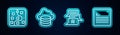Set line Neural network, Cloud database, Chat bot and Web developer programming code. Glowing neon icon. Vector Royalty Free Stock Photo