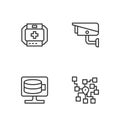 Set line Neural network, Cloud database, First aid kit and Security camera icon. Vector Royalty Free Stock Photo