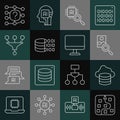 Set line Neural network, Cloud database, Photo retouching, Processor CPU, Binary code, Funnel filter, and Computer Royalty Free Stock Photo