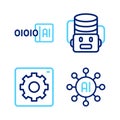 Set line Neural network, Computer api interface, Artificial intelligence robot and Binary code icon. Vector Royalty Free Stock Photo
