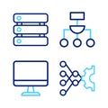Set line Neural network, Computer monitor, Algorithm and Server, Data icon. Vector Royalty Free Stock Photo