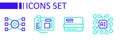 Set line Neural network, Credit card, Motherboard and icon. Vector