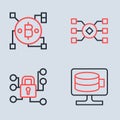 Set line Neural network, Cyber security, Cloud database and Blockchain technology Bitcoin icon. Vector Royalty Free Stock Photo