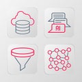 Set line Neural network, Funnel filter, Chat bot and Cloud database icon. Vector Royalty Free Stock Photo