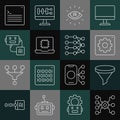 Set line Neural network, Funnel filter, Computer api interface, Artificial intelligence AI, Processor CPU, robot, Web Royalty Free Stock Photo