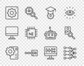 Set line Neural network, Graduation cap, Binary code, Computer api interface, Processor CPU, Algorithm and Photo Royalty Free Stock Photo