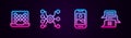 Set line Neural network, Mobile phone and Chat bot. Glowing neon icon. Vector