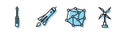 Set line Neural network, Screwdriver, Rocket ship with fire and Wind turbine icon. Vector