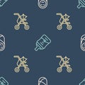 Set line Newborn baby infant swaddled, Baby stroller and bottle on seamless pattern. Vector