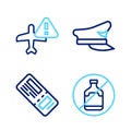 Set line No alcohol, Airline ticket, Pilot hat and Warning aircraft icon. Vector Royalty Free Stock Photo