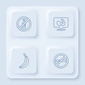 Set line No alcohol, Bodybuilder muscle, Banana and Smoking. White square button. Vector