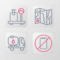 Set line No cell phone, Fuel tanker truck, World travel map and Scale with suitcase icon. Vector