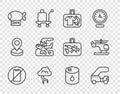 Set line No cell phone, Passenger ladder, Suitcase, Storm, Airship, Plane crash, Barrel oil and Helicopter icon. Vector