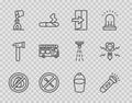 Set line No fire, Flashlight, Fire exit, match, Bucket extinguishing, truck, bucket and Electricity spark icon. Vector Royalty Free Stock Photo