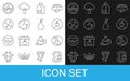 Set line No leather, Rabbit, Apple, Paper package for milk, Pig, Cookie biscuit, Vegan food diet and Pear icon. Vector