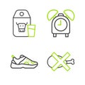 Set line No meat, Sport sneakers, Alarm clock and Paper package for milk icon. Vector