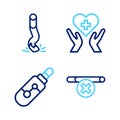 Set line No smoking, Electronic cigarette, Heart with cross and Cigarette butt icon. Vector