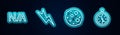 Set line Not applicable, Lightning bolt, Moon and Compass. Glowing neon icon. Vector