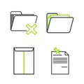 Set line Note paper with pinned pushbutton, Envelope, Document folder and Delete icon. Vector Royalty Free Stock Photo