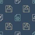 Set line Note paper with push button, Floppy disk and Document settings on seamless pattern. Vector Royalty Free Stock Photo