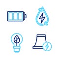 Set line Nuclear power plant, Light bulb with leaf, Water energy and Battery icon. Vector Royalty Free Stock Photo