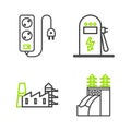 Set line Nuclear power plant, Power station and factory, Electric car charging and extension cord icon. Vector