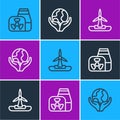 Set line Nuclear power plant, Wind turbine and Hand holding Earth globe icon. Vector Royalty Free Stock Photo