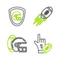 Set line Number 1 one fan hand glove with finger raised and american football ball, American Football helmet, and shield Royalty Free Stock Photo