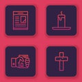 Set line Obituaries, Death certificate in hand, Burning candle and Christian cross. Blue square button. Vector