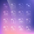 Set line OBJ file document, WMA, PNG, GIF, HTML, MP4, MP3 and CSS icon. Vector Royalty Free Stock Photo