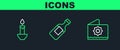 Set line Octagonal star, Burning candle and Bottle of water icon. Vector