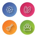 Set line Octagonal star, Date fruit, Lute and Donate or pay your zakat. Color circle button. Vector