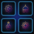 Set line Octagonal star, Essential oil bottle, and Muslim Mosque. Gradient color icons. Vector