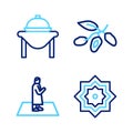 Set line Octagonal star, Muslim man prays, Date fruit and Table food icon. Vector