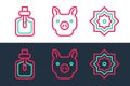 Set line Octagonal star, Perfume and Pig icon. Vector