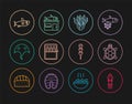 Set line Octopus, Turtle, Seaweed, Canned fish, Stingray, Shark, Takoyaki on stick and Seafood store icon. Vector