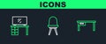 Set line Office desk, TV table stand and Chair icon. Vector Royalty Free Stock Photo