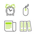 Set line Office folders with papers and documents, News, Computer mouse and Alarm clock icon. Vector