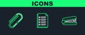 Set line Office stapler, Paper clip and File document icon. Vector