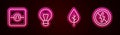 Set line Ohmmeter, Creative lamp light idea, Leaf Eco symbol and No lightning. Glowing neon icon. Vector