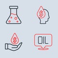 Set line Oil drop with dollar symbol, Word oil and petrol test tube icon. Vector