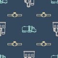 Set line Oil industrial factory building, Industry pipes and valve and Tanker truck on seamless pattern. Vector Royalty Free Stock Photo